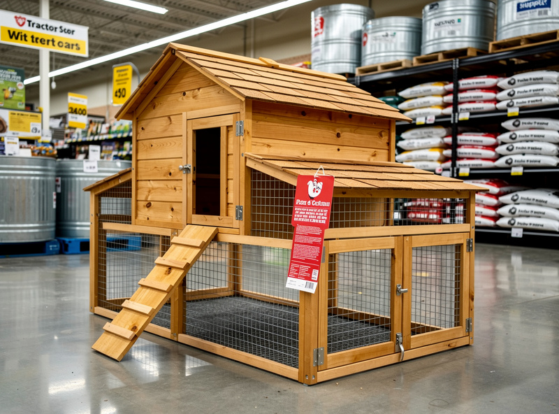A wooden Producer's Pride brand chicken coop on display inside a Tractor Supply store with price signage and rows of farm supplies in the background