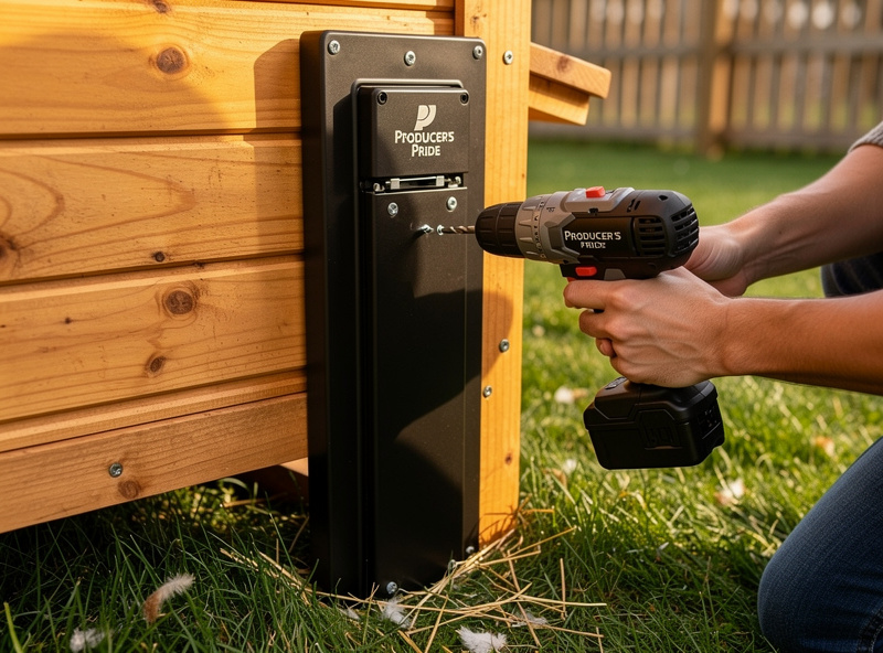 Hands of a backyard chicken keeper installing a black automatic coop door on a Producer's Pride wooden chicken coop using a cordless drill outdoors