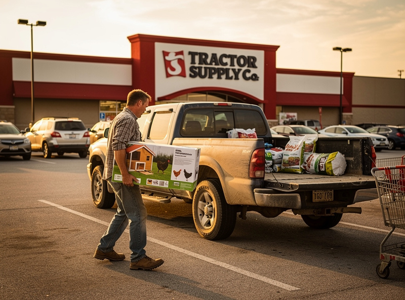 A backyard chicken keeper loading a flat-pack chicken coop box from a Tractor Supply parking lot into a pickup truck for in-store pickup