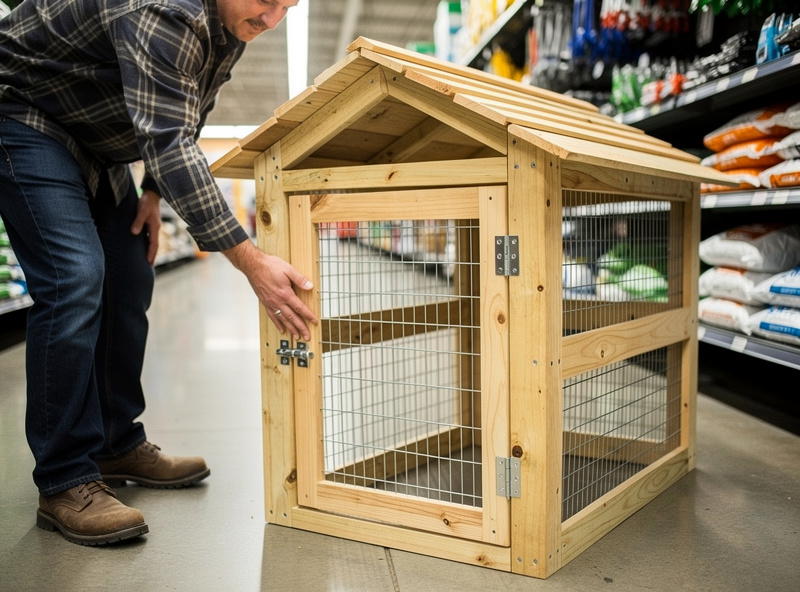 Several chicken tractors lined up at a farm supply store ready for sale