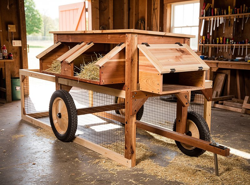 Custom Amish-built chicken tractor in heavy hardwood with multiple nesting boxes ready for sale