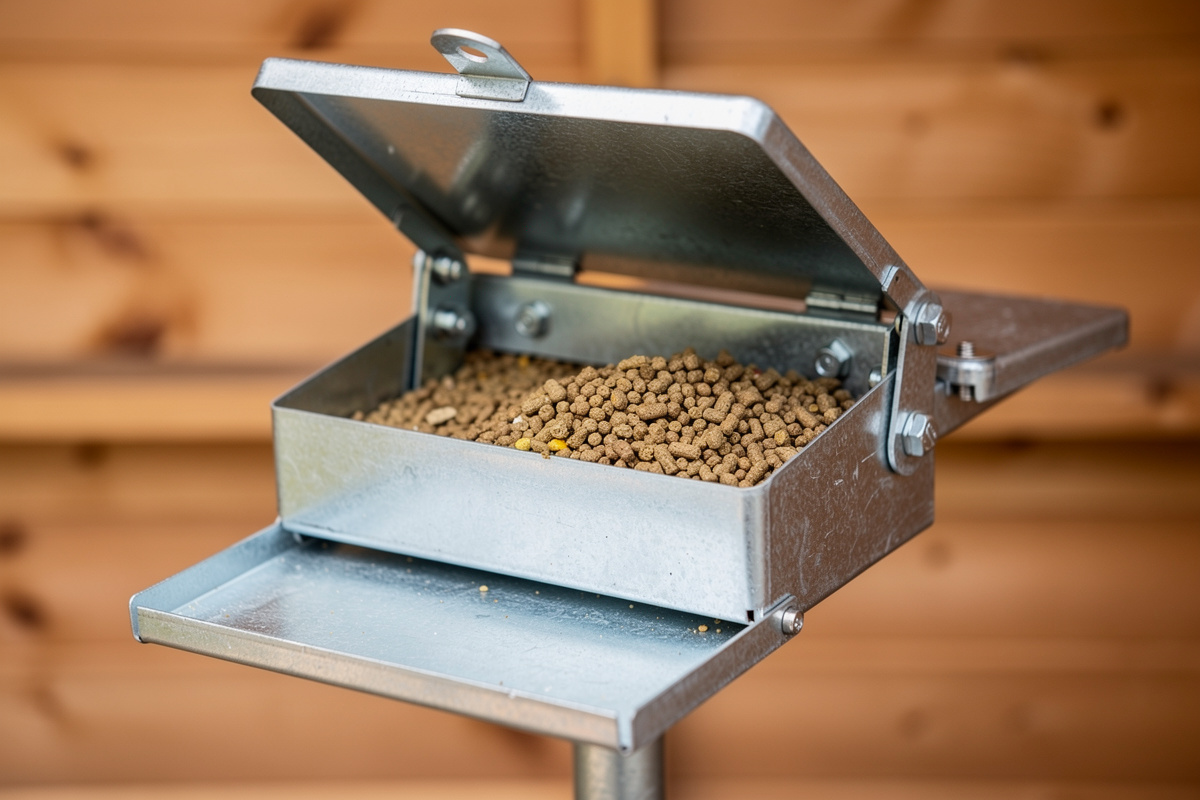 Treadle chicken feeder with lid open showing feed inside