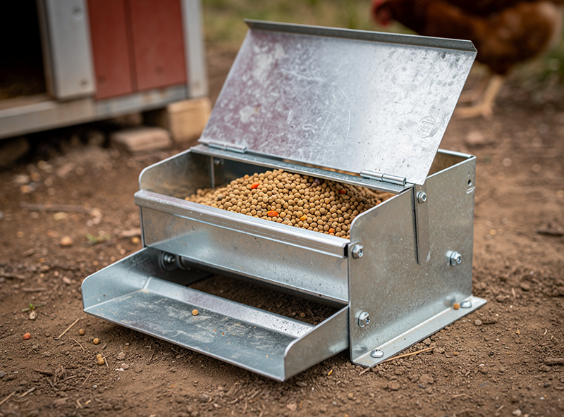 Treadle chicken feeder with lid open showing feed inside