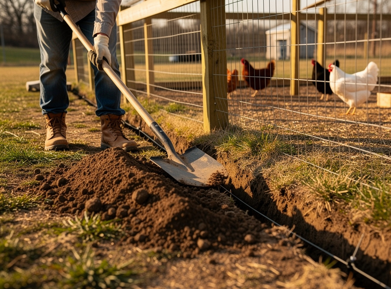 Person digging a 4-inch trench around a chicken run perimeter with a flat shovel for buried apron installation