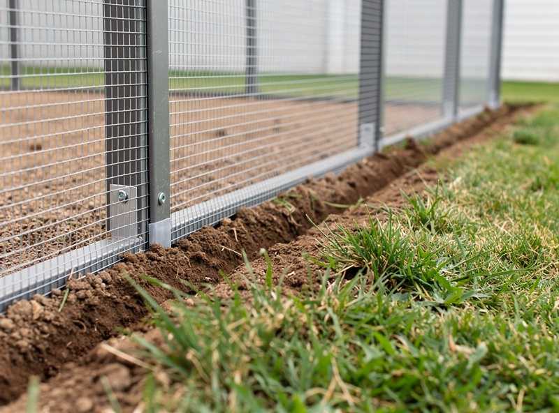 Finished installation of a buried apron around a chicken run with backfilled trench and emerging grass