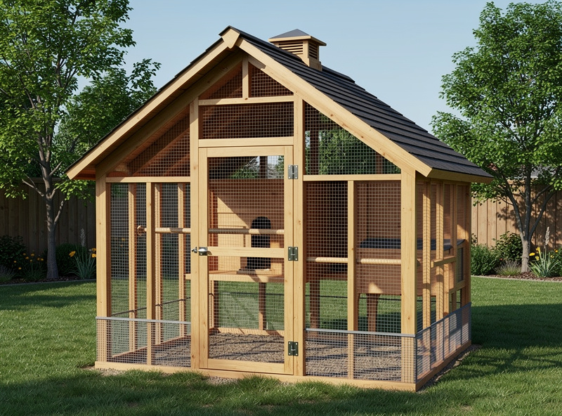 6x8 walk-in chicken coop in backyard with door open showing interior