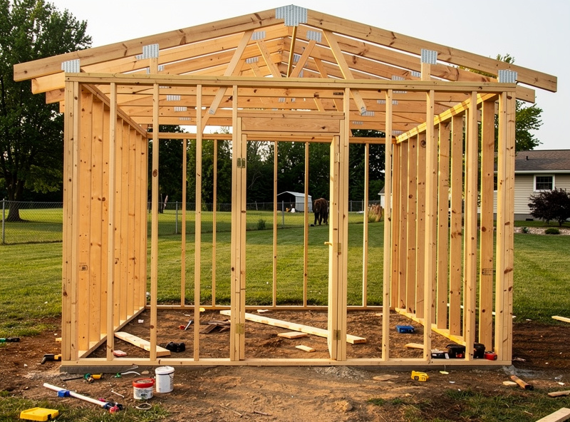Walk-in chicken coop construction showing wall framing in progress