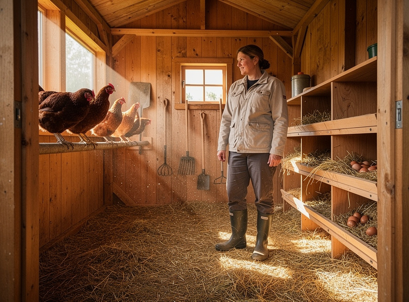 Interior of walk-in chicken coop showing roost bar and nesting boxes
