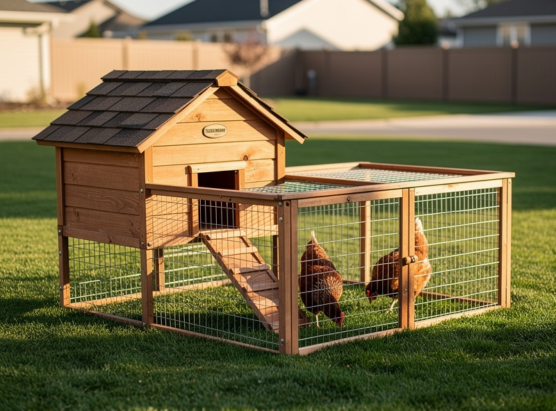 A Tucker Murphy Pet brand wooden chicken coop with attached run sitting on a green lawn in a residential backyard, soft afternoon light, two brown hens visible