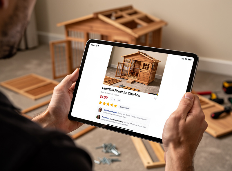 Hands holding a tablet showing a Wayfair chicken coop product listing, browsing reviews, with a partially assembled coop visible in the background