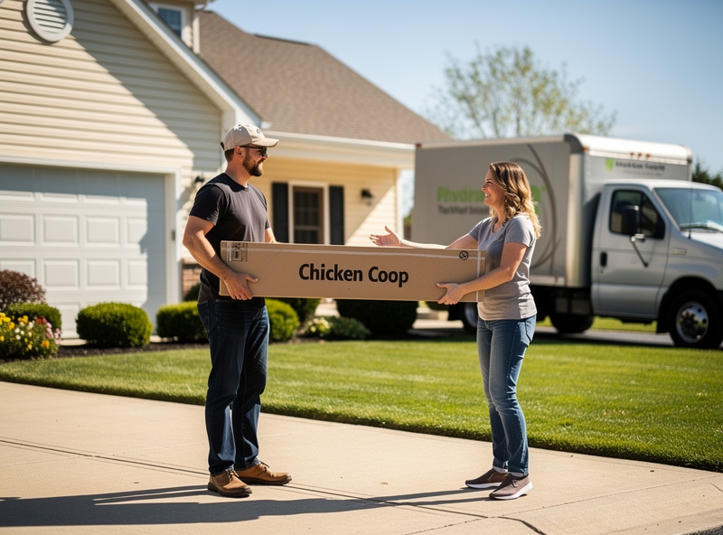 A delivery truck driver handing a large chicken coop box to a homeowner at a residential driveway, suburban setting, daytime