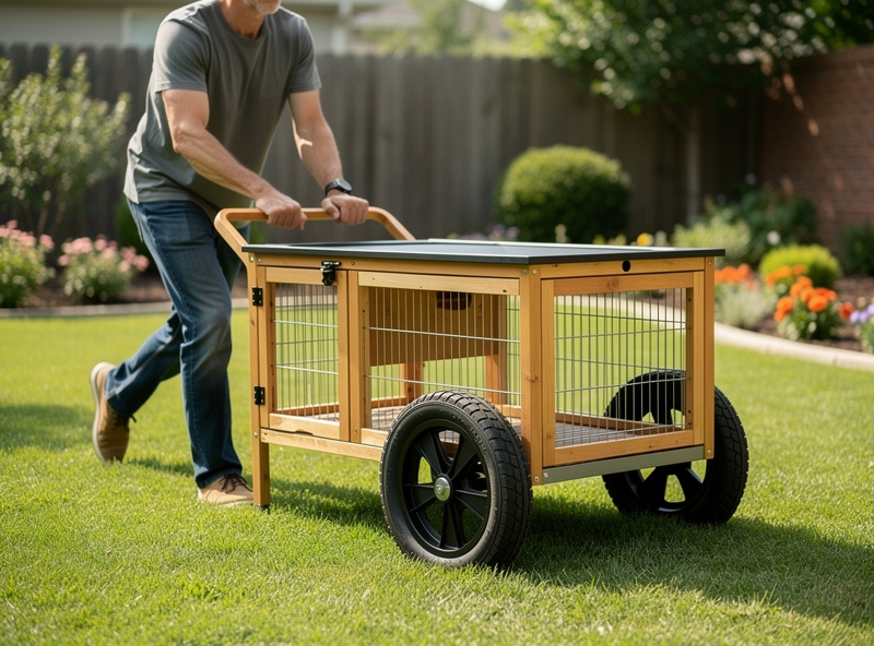 Wooden chicken coop on wheels with two large pneumatic tires and push-handle being moved across a backyard lawn