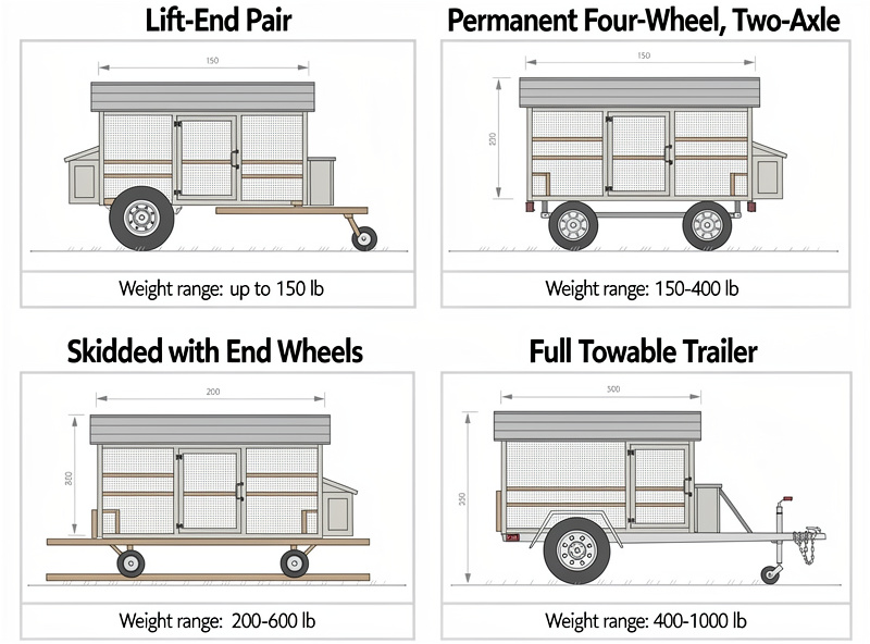 Comparison of four wheel system types for mobile chicken coops showing lift-end pair, two-axle, skidded, and trailer configurations