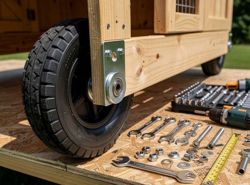 DIY chicken coop wheel retrofit showing axle attachment, hub assembly, and handle installation