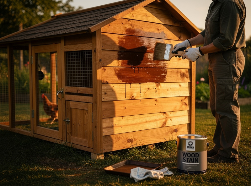 Person re-staining the exterior wall of a wooden chicken coop with a brush, applying a fresh protective coat