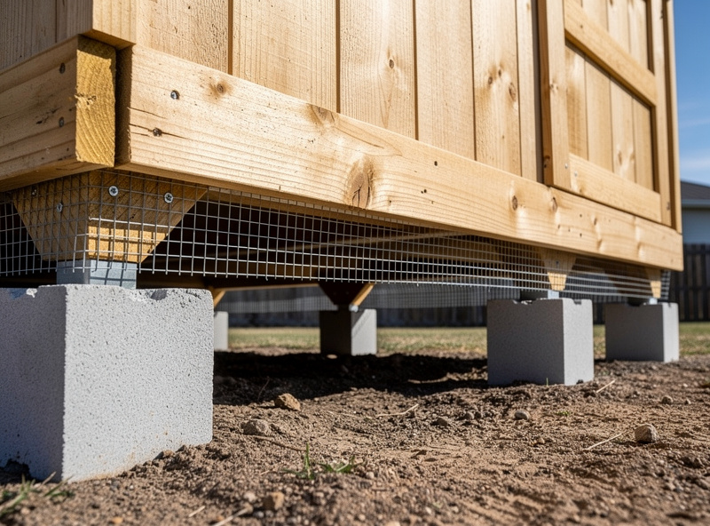 Wooden chicken coop elevated on concrete blocks for ground clearance with hardware cloth on the lower walls