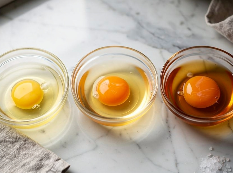Three eggs cracked side-by-side comparing pale supermarket yolk medium free-range yolk and deep orange pasture-raised backyard yolk
