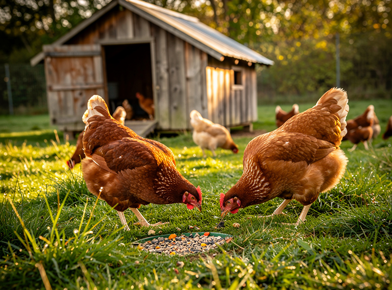 Free-range backyard chickens foraging in green grass with a small wooden coop in the background under afternoon light
