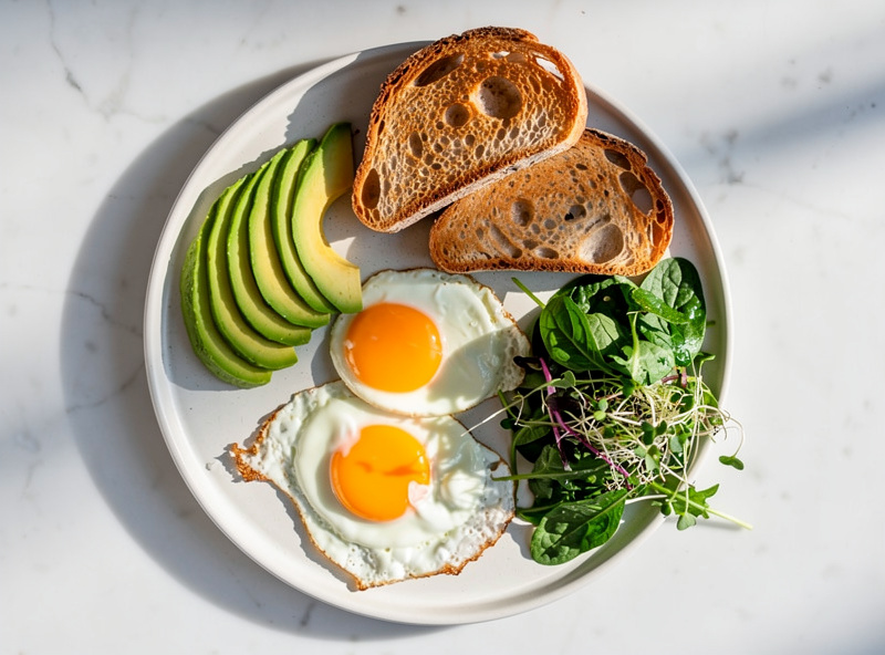 Healthy breakfast plate with two pasture-raised sunny-side-up eggs avocado sourdough toast and fresh greens on a marble surface