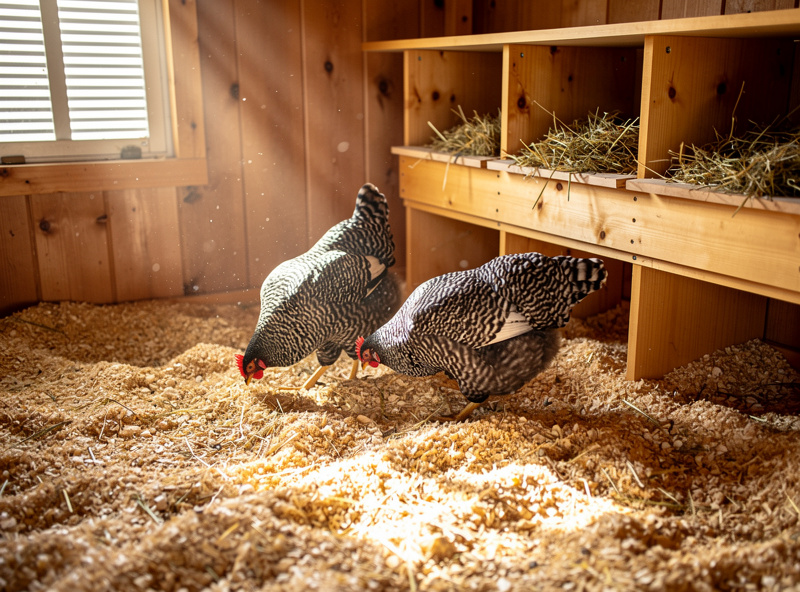 Deep litter bedding inside a wooden chicken coop with pine shavings, straw, and visible scratching marks, with two hens foraging near the nesting boxes