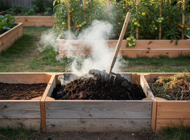 Wooden three-bin compost system with a steaming pile of dark composting chicken bedding, garden fork stuck into the active pile, raised vegetable beds visible in background