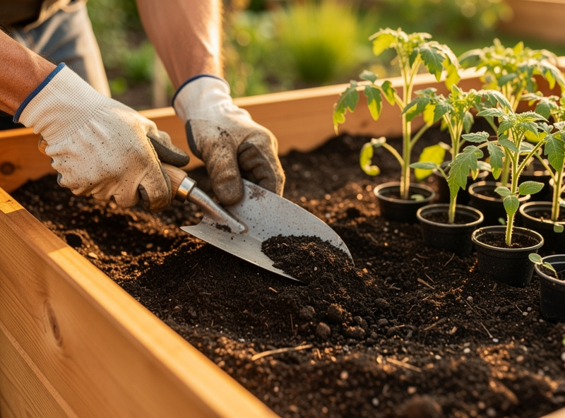 Gardener spreading dark finished compost onto a raised vegetable bed with a hand trowel, young tomato seedlings nearby waiting to be planted, late spring afternoon light