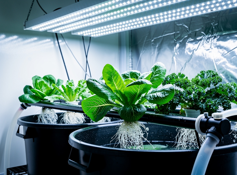 Healthy lettuce and kale growing in DWC hydroponic buckets with white roots in nutrient solution under grow lights