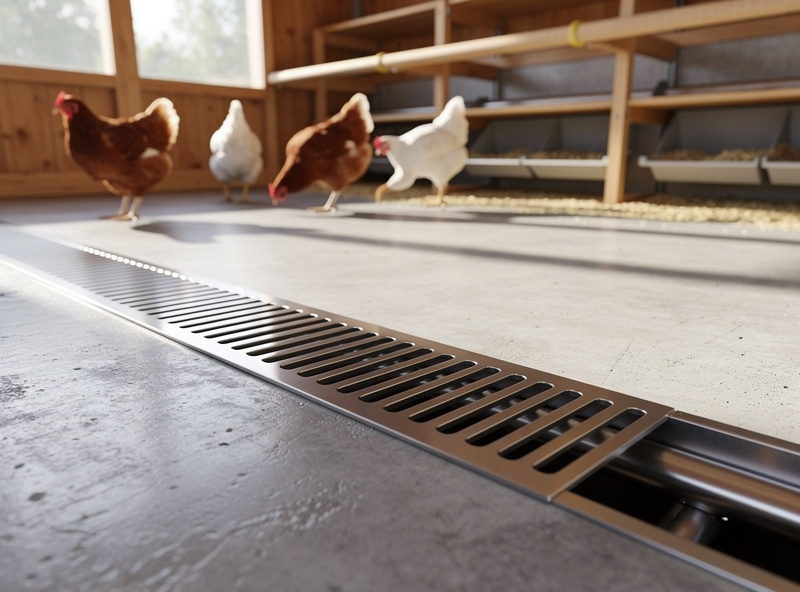 Chicken coop floor with drainage channel and stainless steel grate sloping toward collection point