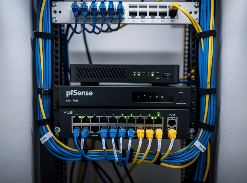 Network rack with pfSense mini PC and PoE switch in a home server closet