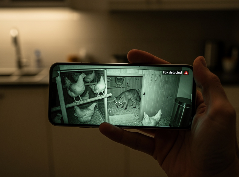 Smartphone showing a chicken coop camera live feed with a fox detected at night