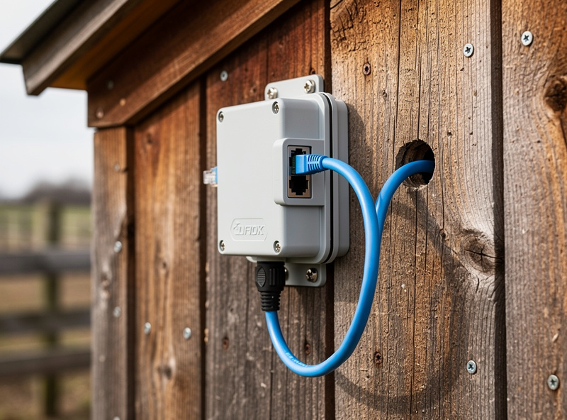 Outdoor PoE injector and weatherproof junction box mounted on a wooden chicken coop