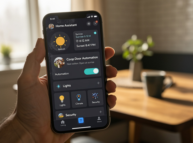 Smartphone showing a Home Assistant dashboard with a coop door automation card and sunrise sunset times