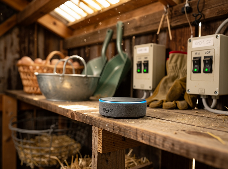 Amazon Echo Dot in a chicken coop control area with farm equipment and rustic background