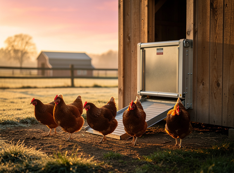 Six brown hens walking out of a chicken coop at sunrise through an automatic door