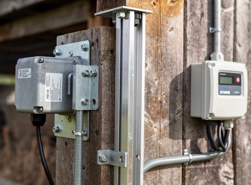 Close-up of an automatic chicken coop door mechanism with motor housing and weatherproof control box