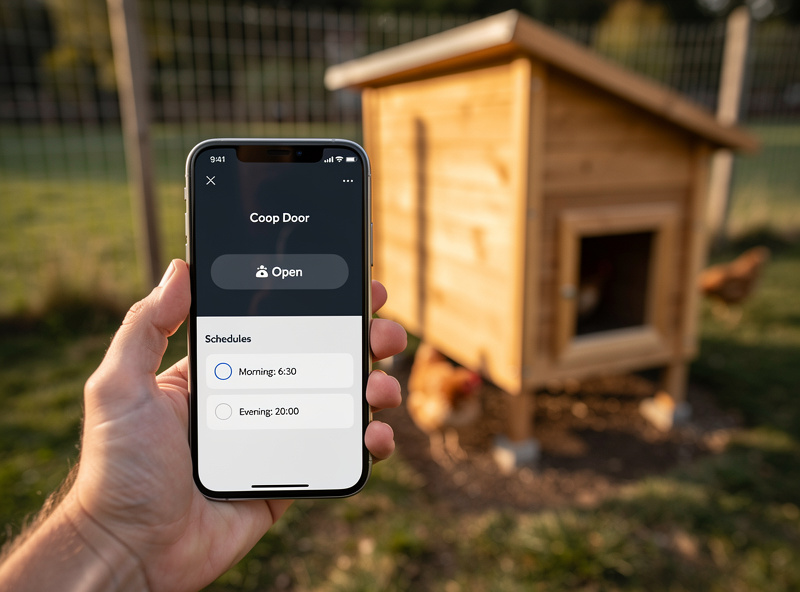 Smartphone showing a smart-home app with a coop door schedule, held in front of a backyard chicken coop