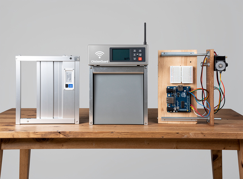 Three different chicken coop doors compared side by side: photocell battery model, Wi-Fi connected smart door, and DIY Arduino controller
