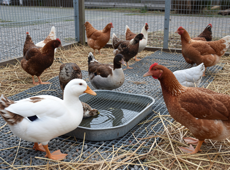 Mixed backyard flock of ducks and chickens sharing a hardware-cloth run in a cold-climate yard