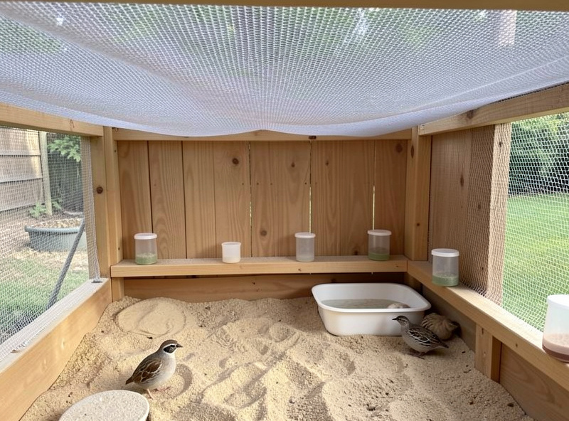 Coturnix quail in a low, soft-roofed raised hutch with feeders and a shallow waterer