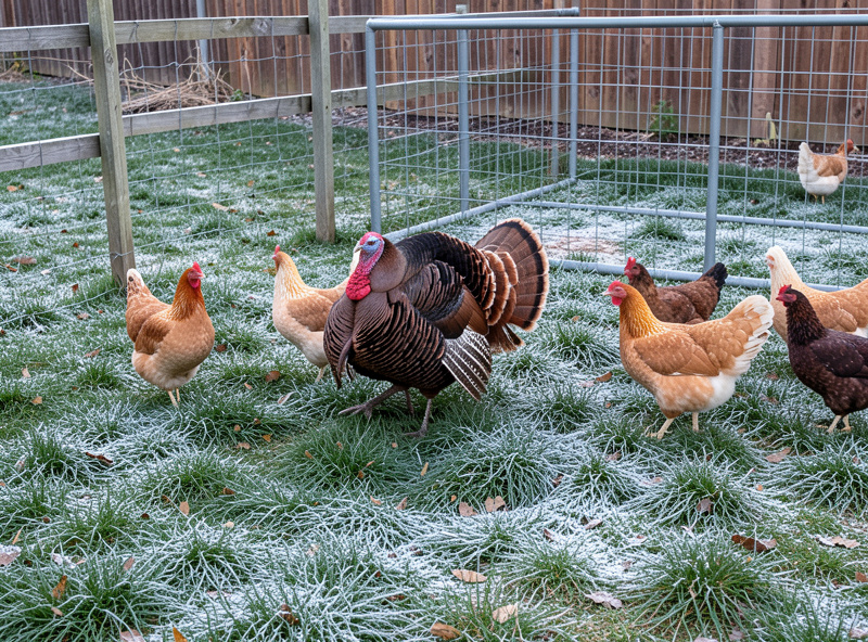 Heritage turkey and chickens free-ranging together in a fenced backyard with a welded run behind