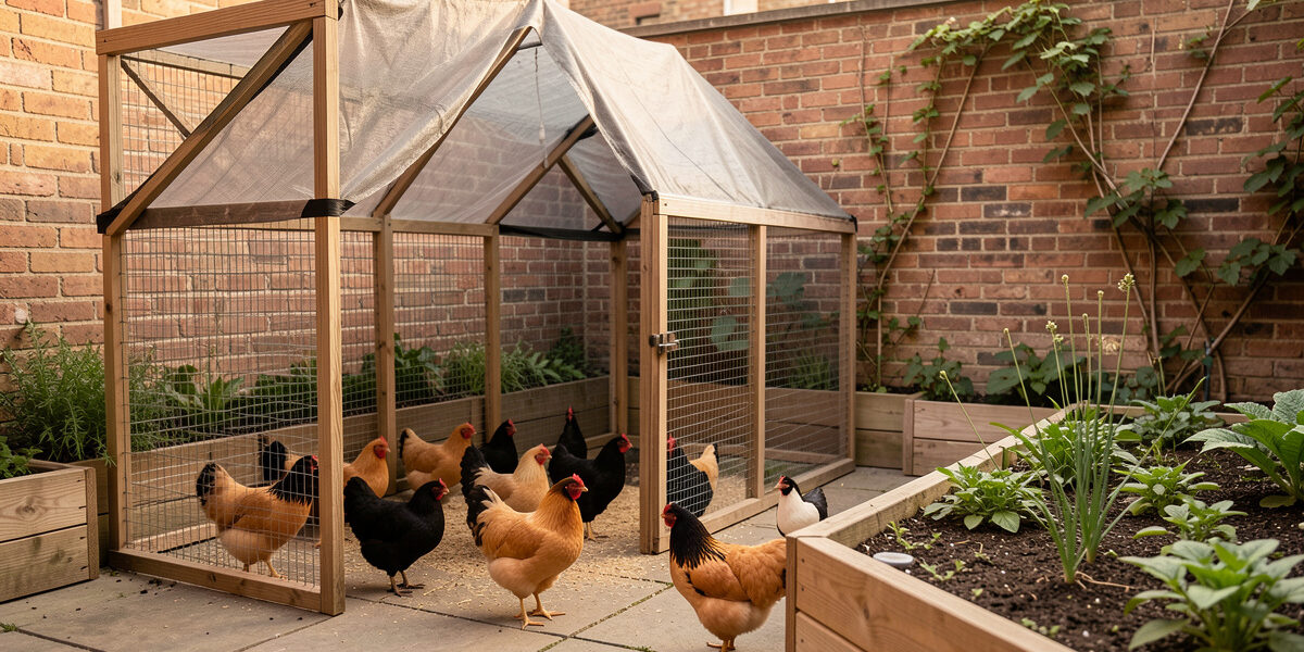 A small flock of Pekin bantams in a compact covered backyard run beside a raised garden bed