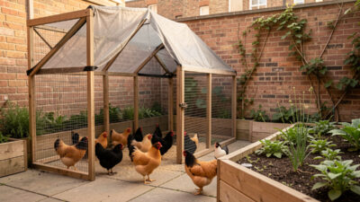A small flock of Pekin bantams in a compact covered backyard run beside a raised garden bed