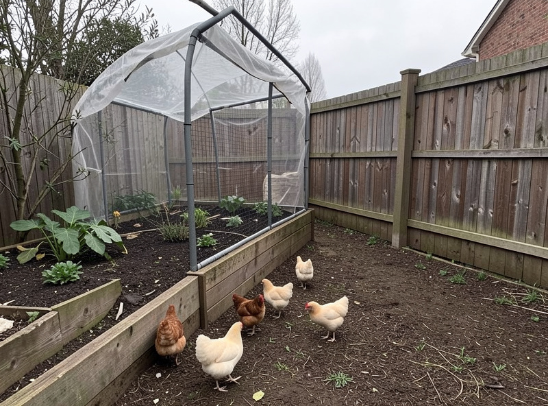 A small flock of Pekin bantams in a compact covered backyard run beside a raised garden bed