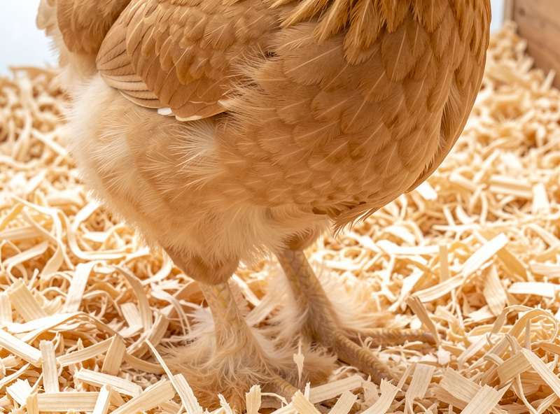 Close-up of a buff Pekin bantam with feathered feet standing on dry pine shaving bedding