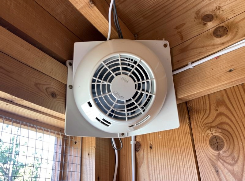Thermostat-controlled exhaust fan mounted high in a chicken coop wall in summer