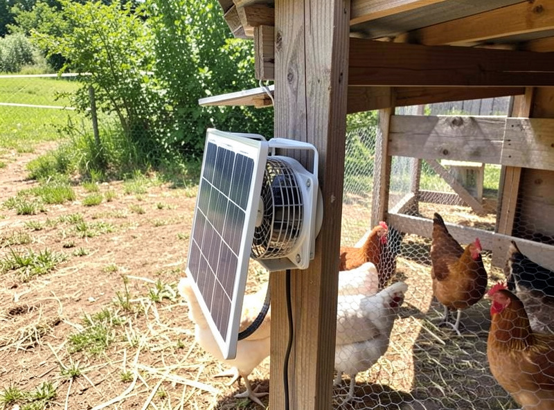Small solar powered fan mounted on a chicken coop run in summer sun