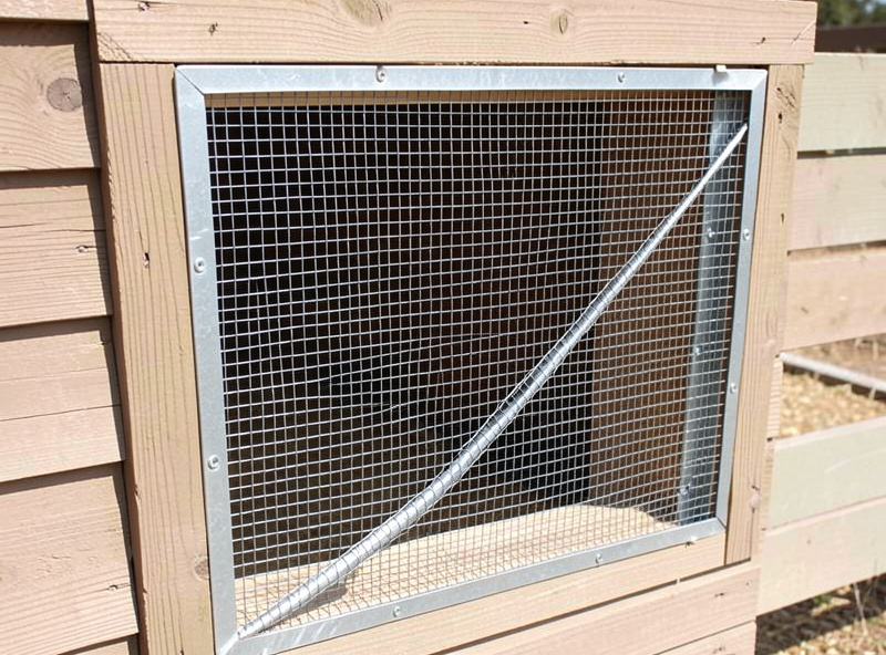 Exhaust fan grille backed with half-inch hardware cloth on a chicken coop wall