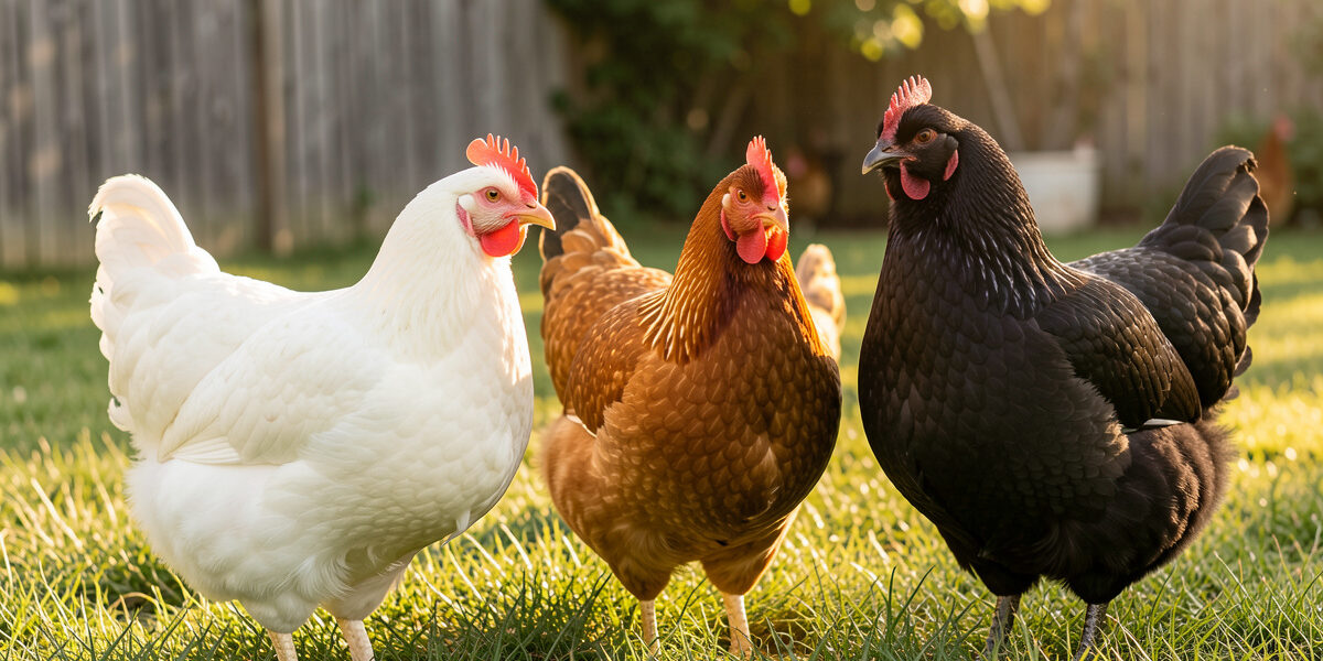 Several meat chicken breeds side by side on grass in a backyard