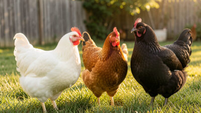 Several meat chicken breeds side by side on grass in a backyard