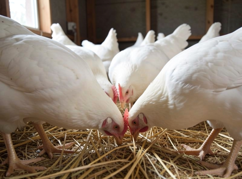 Broad-breasted white Cornish Cross broilers feeding in a clean barn pen